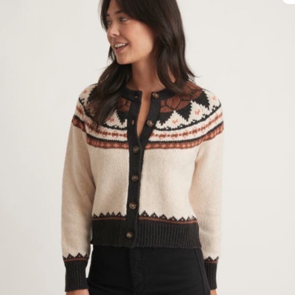 Marine Layer Ava Fair Isle Cream And Black Geometric Cardigan Wool Alpaca Blend
